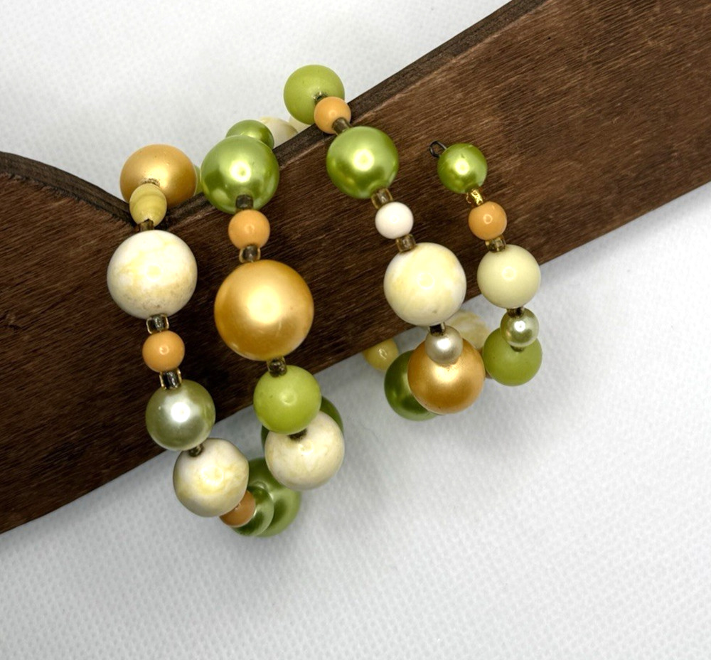 Vintage Cream Green Gold Faux Pearl Beaded Memory Wire Wrap Bracelet 54.8g